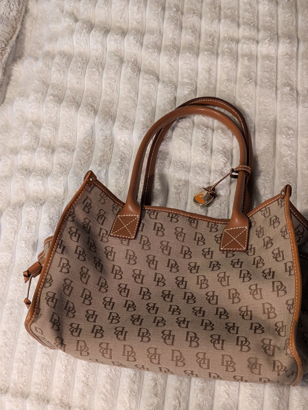 Dooney & Bourke Tan Monogram Canvas Shoulder Tote with Brown Leather Trim